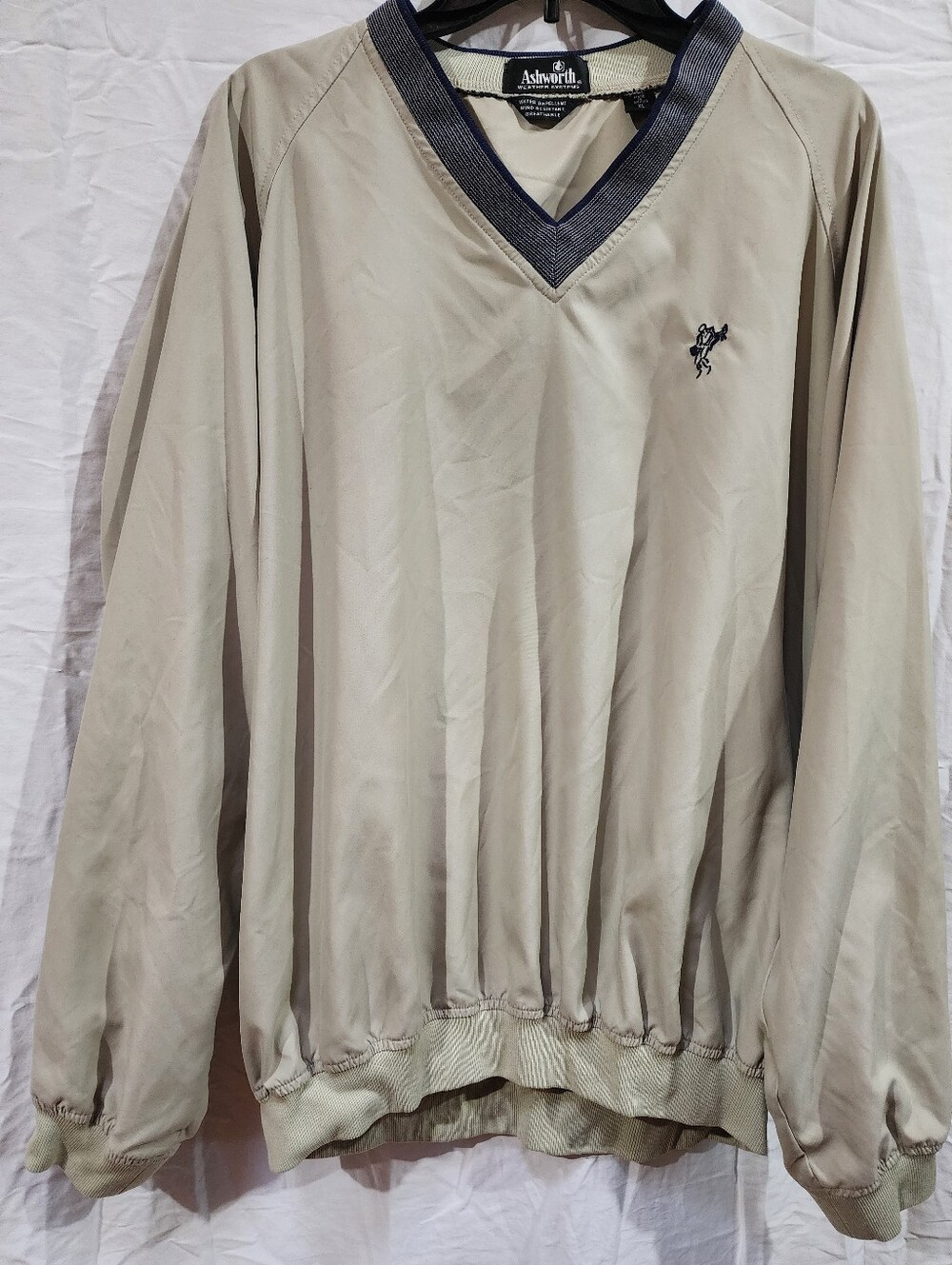 Ashworth Men's V-Neck Pullover Sweater in Beige with Navy Trim, Xl
